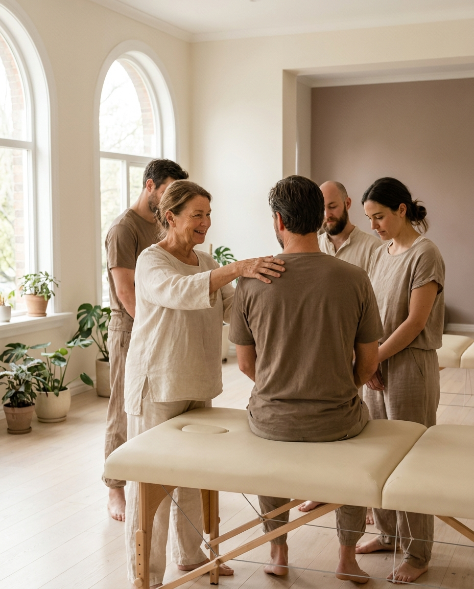 A small group of students practising Bowen technique with an instructor